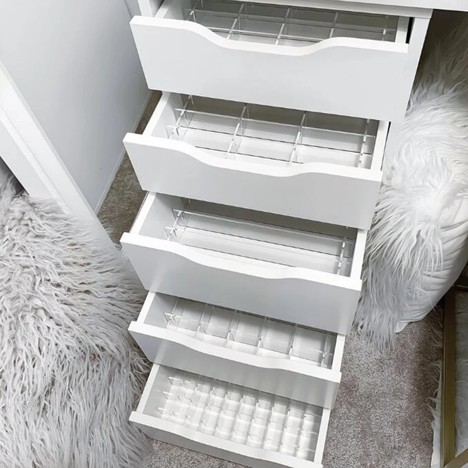 Set di 8 organizer per cassetti in plastica trasparente, in acrilico, antiscivolo, anti-rottura, divisori di grandi dimensioni, multifunzionali, per cosmetici, bagno, strumenti, cucina e ufficio