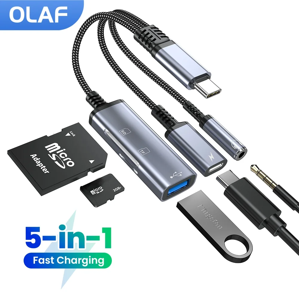5-in-1 타입 C 어댑터 타입 C to USB C 충전/3.5mm/SD TF USB2.0 카드 리더 어댑터 케이블 아이폰 15 16 삼성용 고속