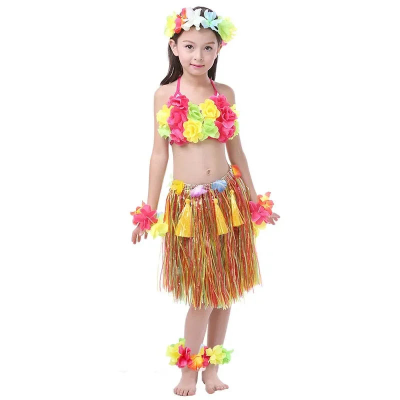 

Hawaiian Luau Hula Grass Skirt Costume Set Girl's Flower Bracelets Headband Necklace Bra Dance Performance Party Decoration