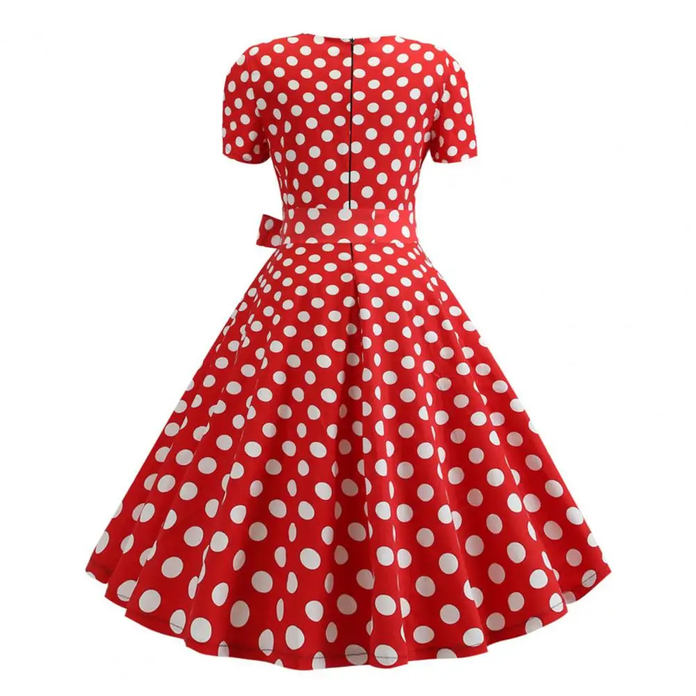 

Lace-up Retro Dress Retro 1950s A-line Midi Dress with Square Neck Big Hem Button Decor Dot Print Color Matching for Women's