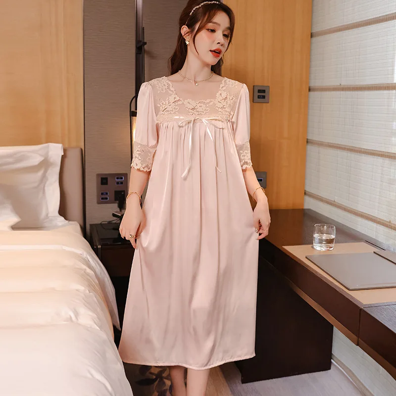 

Square Neck Nightwear Home Dress Elegant Lace Sleepshirt Bathrobe Gown Women's Short Sleeve Nightgown Silk Satin Sleepwear