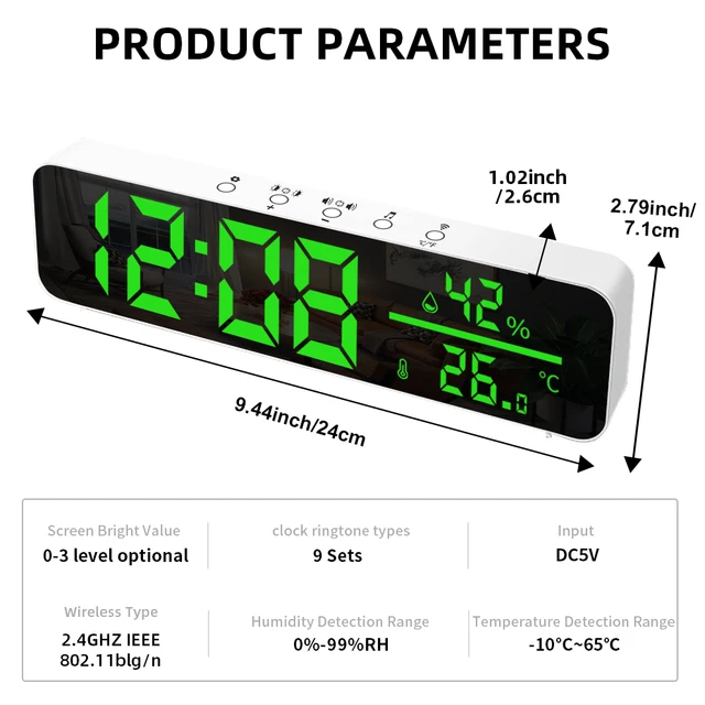 Tuya WiFi Temperature Humidity Sensor Support Time Alarm Clock Display USB Desktop Mirror LED Clocks for Living Room Decoration 6