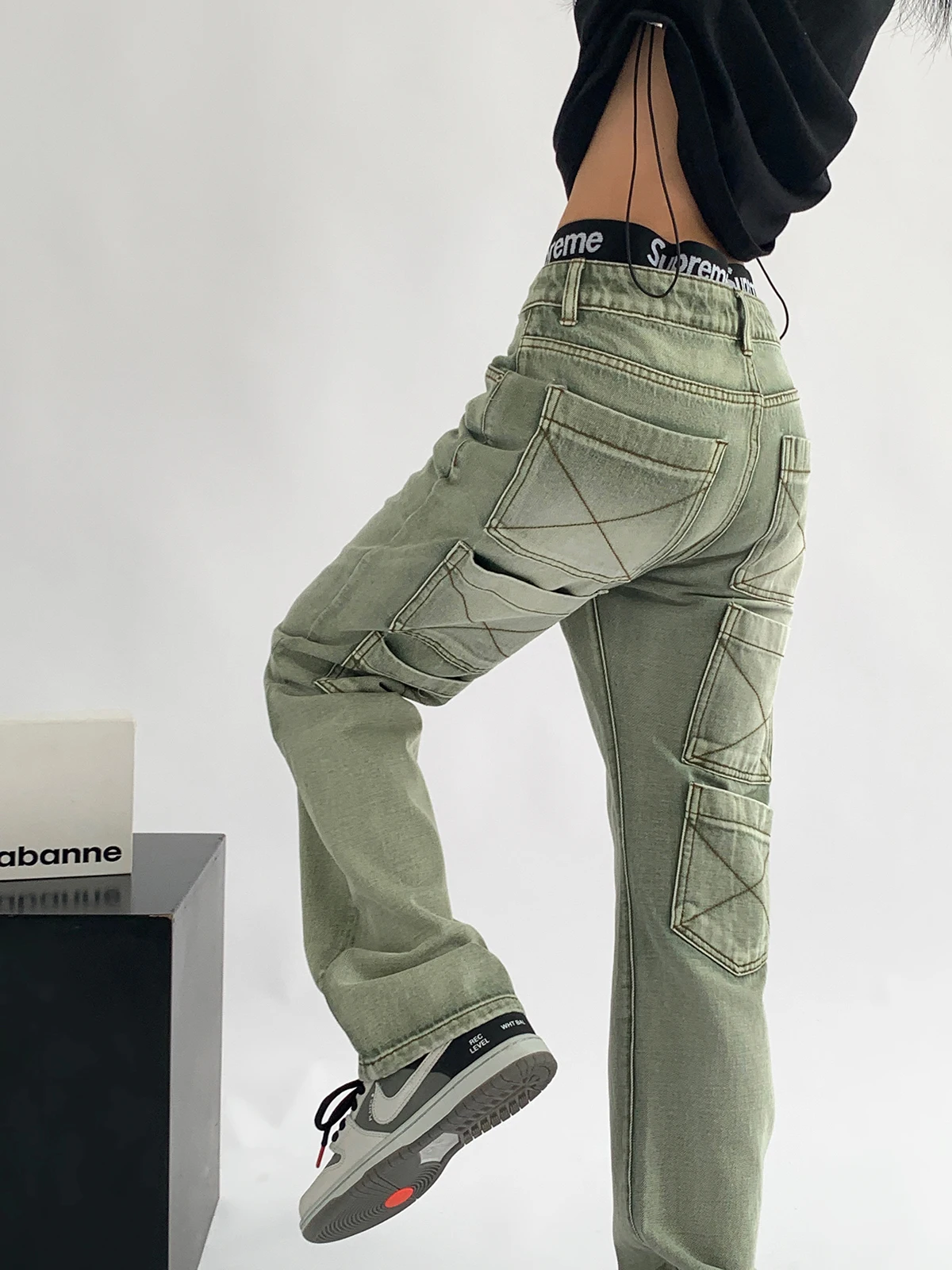 green washed jeans