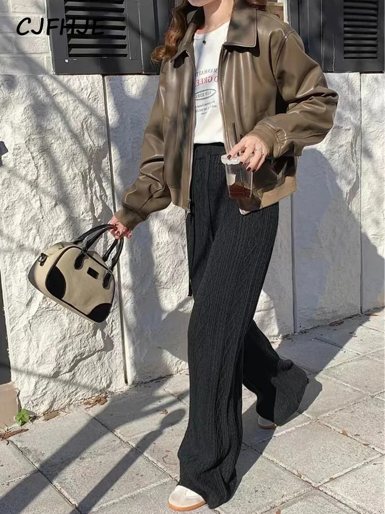 

CJFHJE Винтажные оранжевые вязаные шерстяные брюки женские черные широкие брюки с кулиской женские новые повседневные однотонные прямые брюки