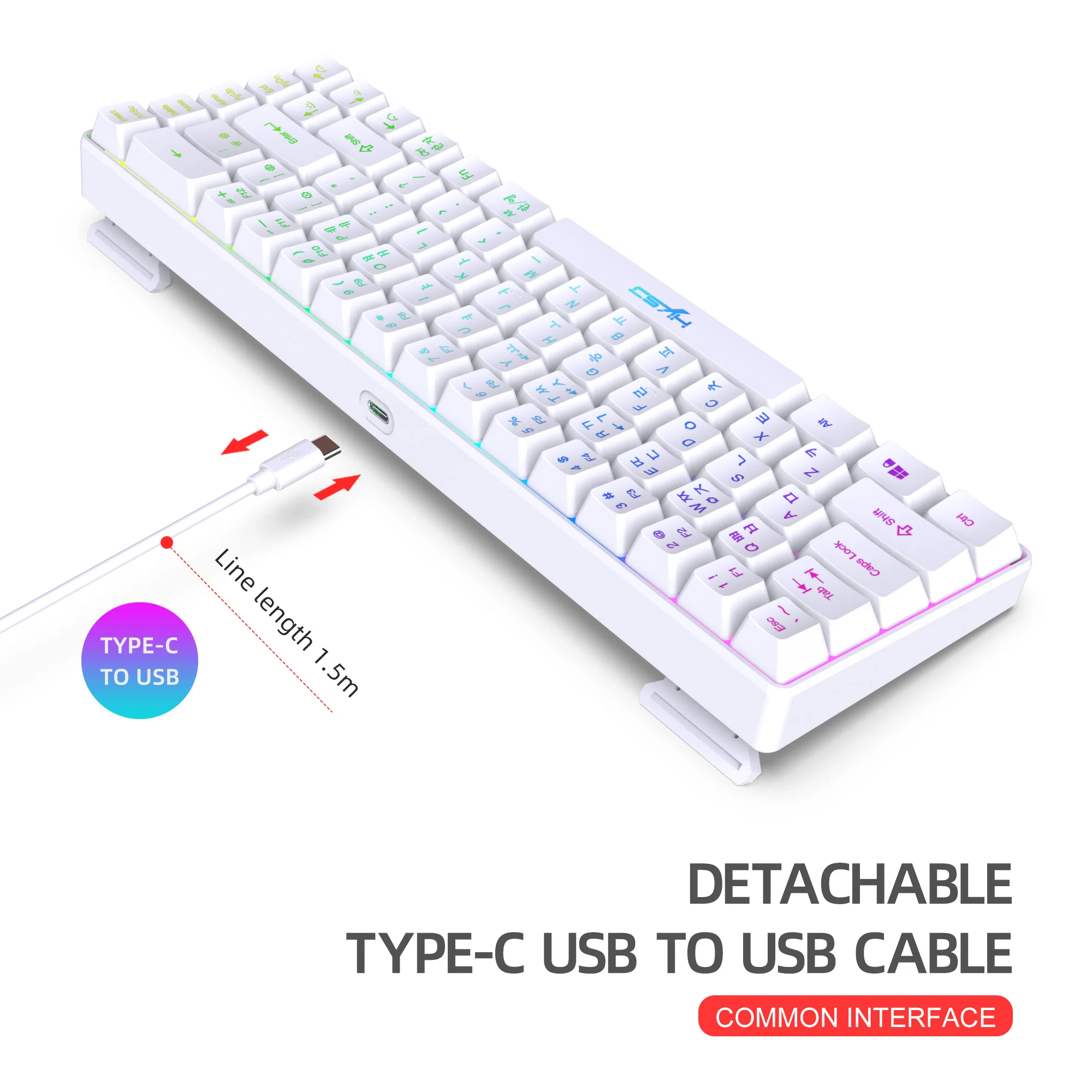 Teclado portátil com fio USB, 68 teclas,