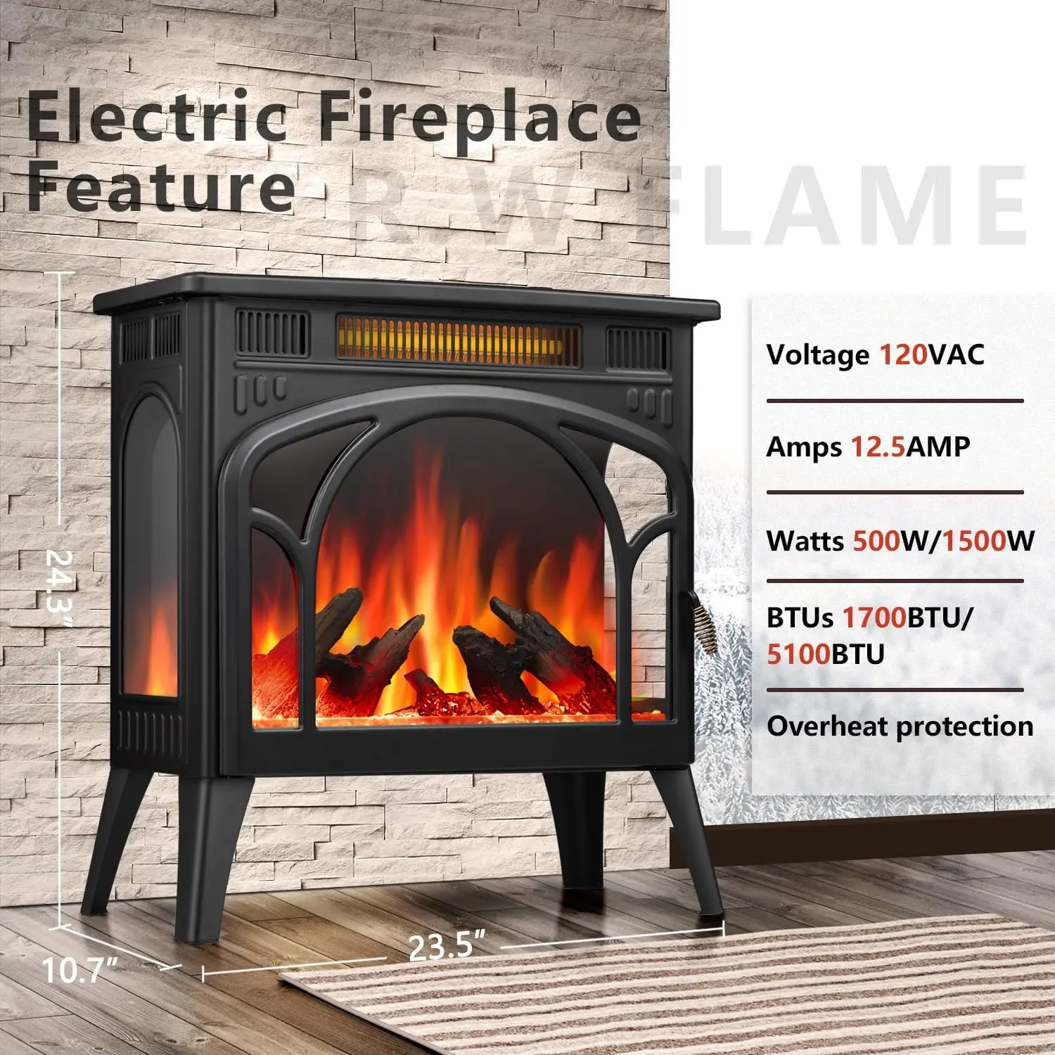 R.W.FLAME Electric Fireplace Heater 12 Flame Color, 25" Freestanding Fireplace Infrared Stove 500W/1500W, 3D Realistic Flame