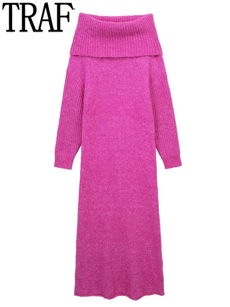TRAF Pink Sweater Dress Female Midi Knitted Dresses Women Turtleneck