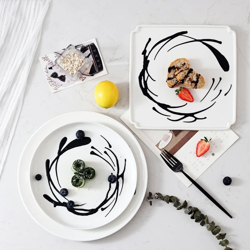 

Creative ink and wash style ceramic high sense plate steak Western food tableware square plate family dish breakfast round plate