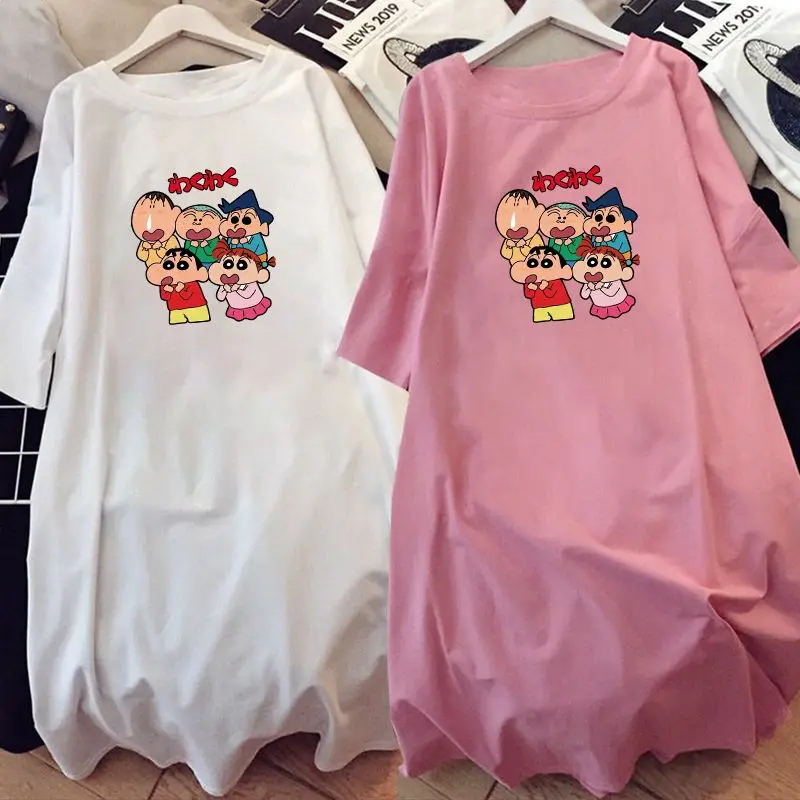 

Bandai Kawaii Short Sleeve Anime Creative Crayon Shin Chan Cute Cartoon Sleep Skirt Summer Plus Size Loose Casual Home Clothing