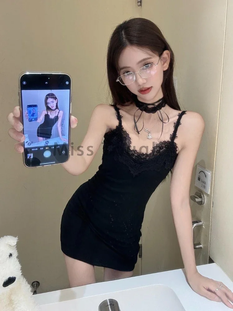 Aesthetic Y2k Lace Patchwork Dress Suit Women Sexy Long Sleeve Tops + Balck  Mini Dress Sets 2000s Fashion Two Piece Sets Autumn