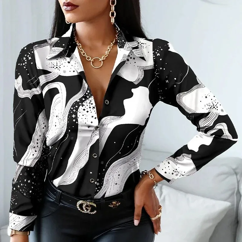 Women's Vintage Print Blouses Striped Shirts Office Lady Print Blouse Spring Fashion Button Long Sleeve Women Tops 18972