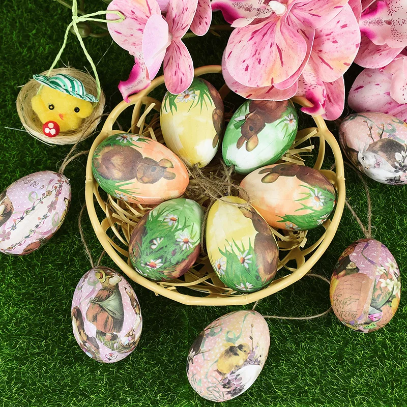 

6Pcs Easter Egg With Weaving Basket Vintage Cartoon Bunny Eggs Hanging Pendants Ornaments Easter Party Decor Kids Gifts 2024