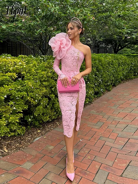 2024 Spring One Shoulder Pink 3d Floral Mid Dress Woman Elegant Split Bodycon Lace Vestidos Lady Formal Party Prom Gowns Dresses Excellent product recommendation