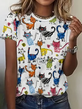 White Colorful Cats Women's Tee - Playful Cat Doodle Graphic, Cute Cartoon Print Design for Casual Daily Wear 1