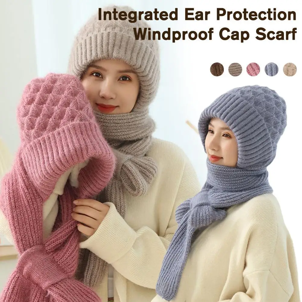 Winter Knitted Integrated Hat Thickened Knitted Skullies Hat Ear Protection Scarf Warm Beanies Cap Hooded Scarf For Outdoor Ski 2