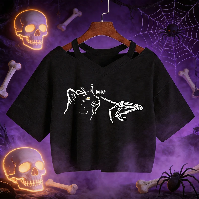 Damen-T-Shirt mit V-Ausschnitt und kurzen Ärmeln, mit einem Katzen- und Skeletthand-Design, Vintage Y2k T-Shirt, 90er-Jahre-Grafik-Crop-Tops für Damen.