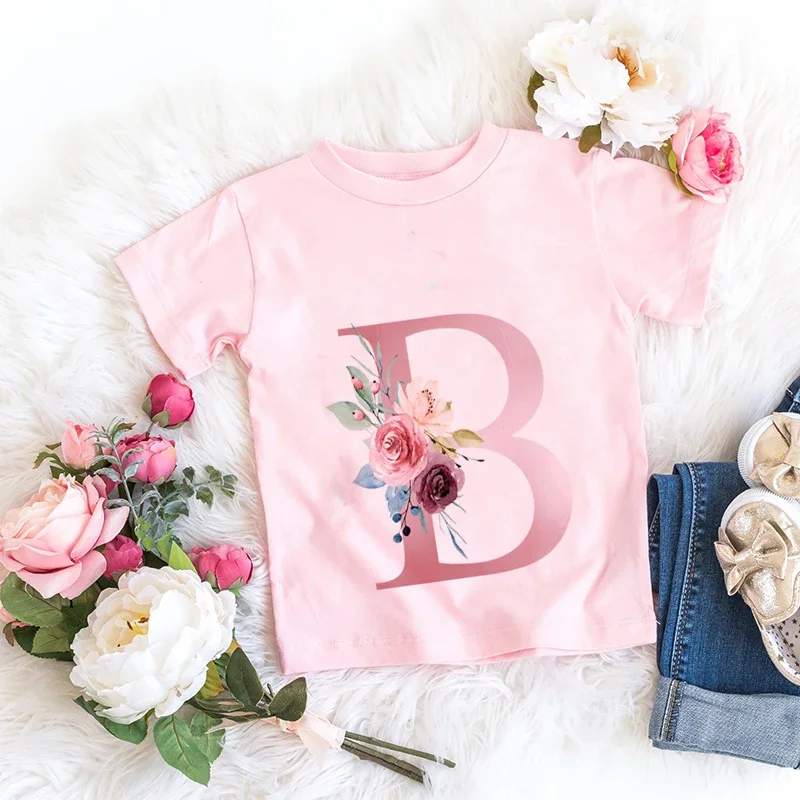 Retro Flowers T-shirt Cotton Pink Lucky Letter  26 English letters A B C D  Kids Girl Boy Children Trend T Casual Clothes Short 2