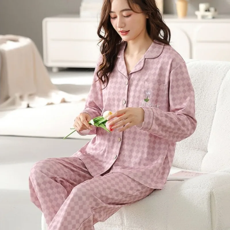 

Новинка 2024, пижама, Женская весенне-осенняя одежда для отдыха, хлопковая одежда для сна с длинным рукавом, простые ночные рубашки в клетку, женский домашний костюм