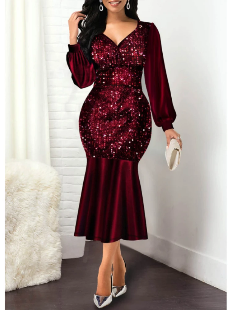 

Dress for Women 2023 Sexy V Neck Sequin Evening Wedding Party Dress Elegant Shiny Long Sleeve Bodycon Mermaid Dresses Formal 5xl