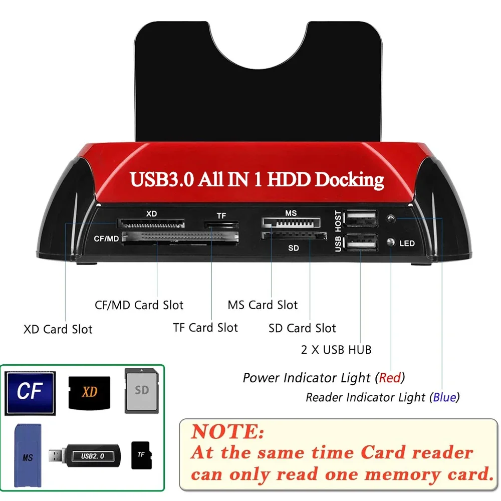 HDD Docking Station 10 IN 1 Dual-bay SATA IDE with 12V Power Adapter for 2.5/3.5 Inch HDD/SSD TF Card