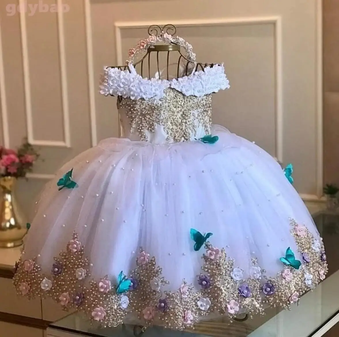 

Luxury Princess Applique Flower Girl Dresses For Wedding Tulle Pearls Ball Kids Pageant Gown Birthday Party First Communion Wear