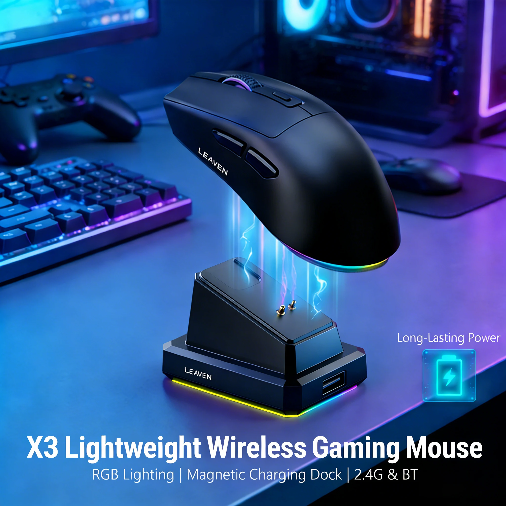 Dual-Mode Wireless Mouse | Magnetic Charging Dock | RGB Backlit | 3-Speed DPI () | 2.4G/BT | Suitable for daily use