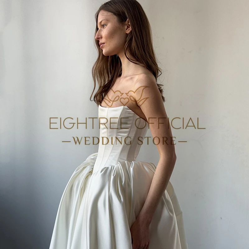 Eightree Boho A-Line Wedding Dresses Strapless Sweep Train Satin Bridal Dress Formal Long Wedding Ball Prom Gowns Customized