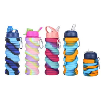 500ML Silicone Foldable Water Bottle For Sports, Reusable Leakproof Water Bottle With Carabiner