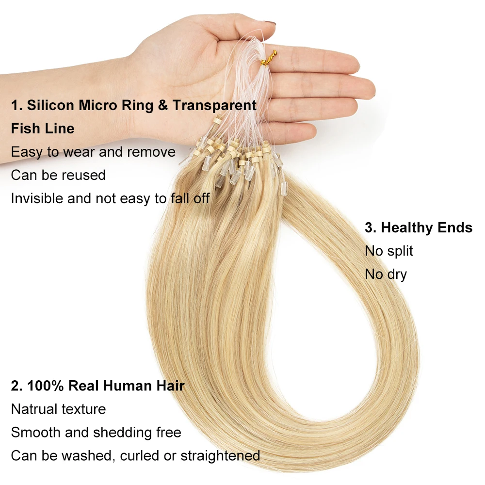 Human Hair Extension Straight Micro Loop Fishing Line Hair Extension 50pcs 0.6g/strand Micro Beads Fashion Human for Women