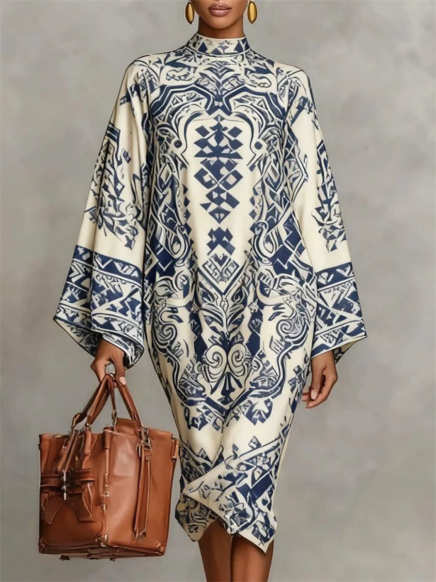 Modigirl 2026 Spring Ethnic Style Totem Print Stand Collar Batwing Sleeve Loose Kaftan Dress Women Casual Oversized Abaya