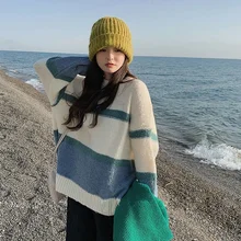 

Loose, Lazy, Versatile Autumn and Winter New Style Striped Printing Cute Sweet Gentle Sweater Plus Velvet Thick Thick Top
