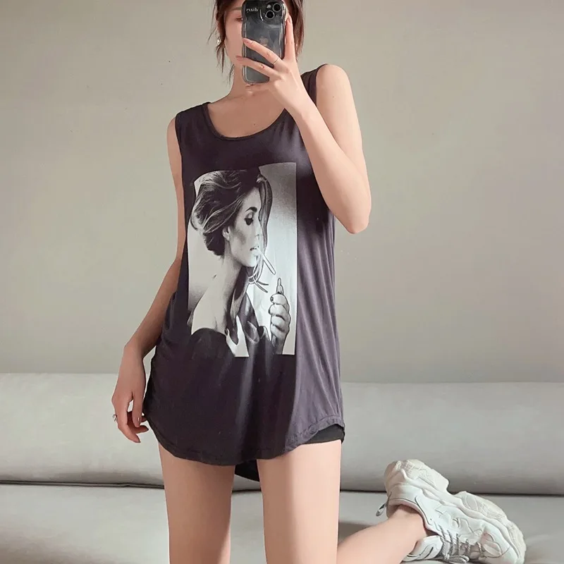 

European Style Women Summer New Printing Casual Sleeveless Dress Female Tank Dress Vest Loose T Shirt Fashion Pullover Tops