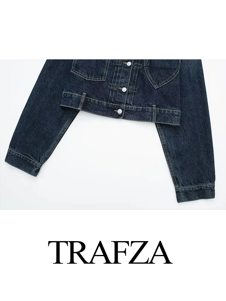 HH Women Dark Blue Denim Coat Heart Pattern Outerwear Long Sleeve Single Breasted Jacket Spring Female Chic Top Coats