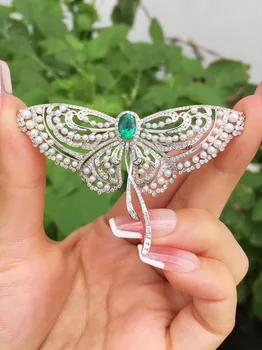 natural emerald diamond and fresh water pearl butterfly brooch & pendant double use 18K white gold luxury women jewelry romantic