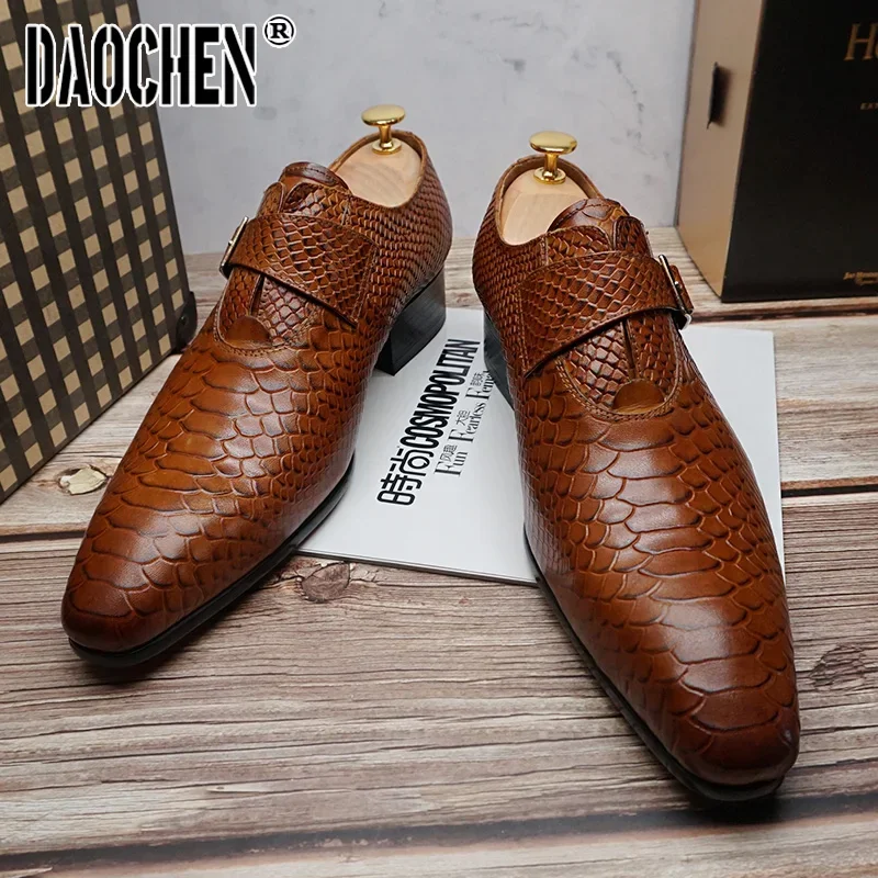 Luxury Men's Loafers Dress Shoes Snake Prints Formal Men Casual Shoes Black Brown Monk Loafers Office Wedding Leather Shoes Men 4