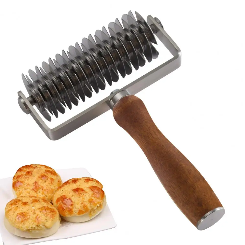 Stainless Steel Pizza Dough Lattice Roller Cutter with Wooden Handle Grid Pattern Maker for Biscuits Cookies Pies Cakes