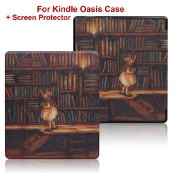 Premium PU Leather Book Cover with Screen Protector and Auto Sleep/Wake Function - Kindle oasis 7inch (Library girl)