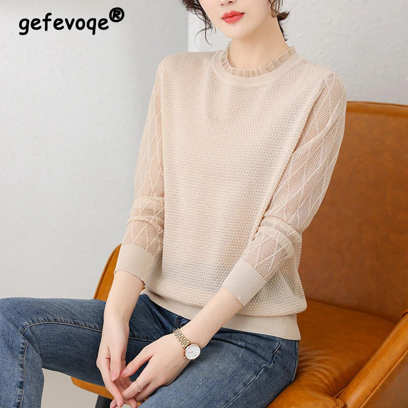 

Womens Clothing 2023 Spring Autumn Elegant Fashion Hollow Knitwear Casual Solid Color Round Neck Long Sleeve Loose Pullover Tops