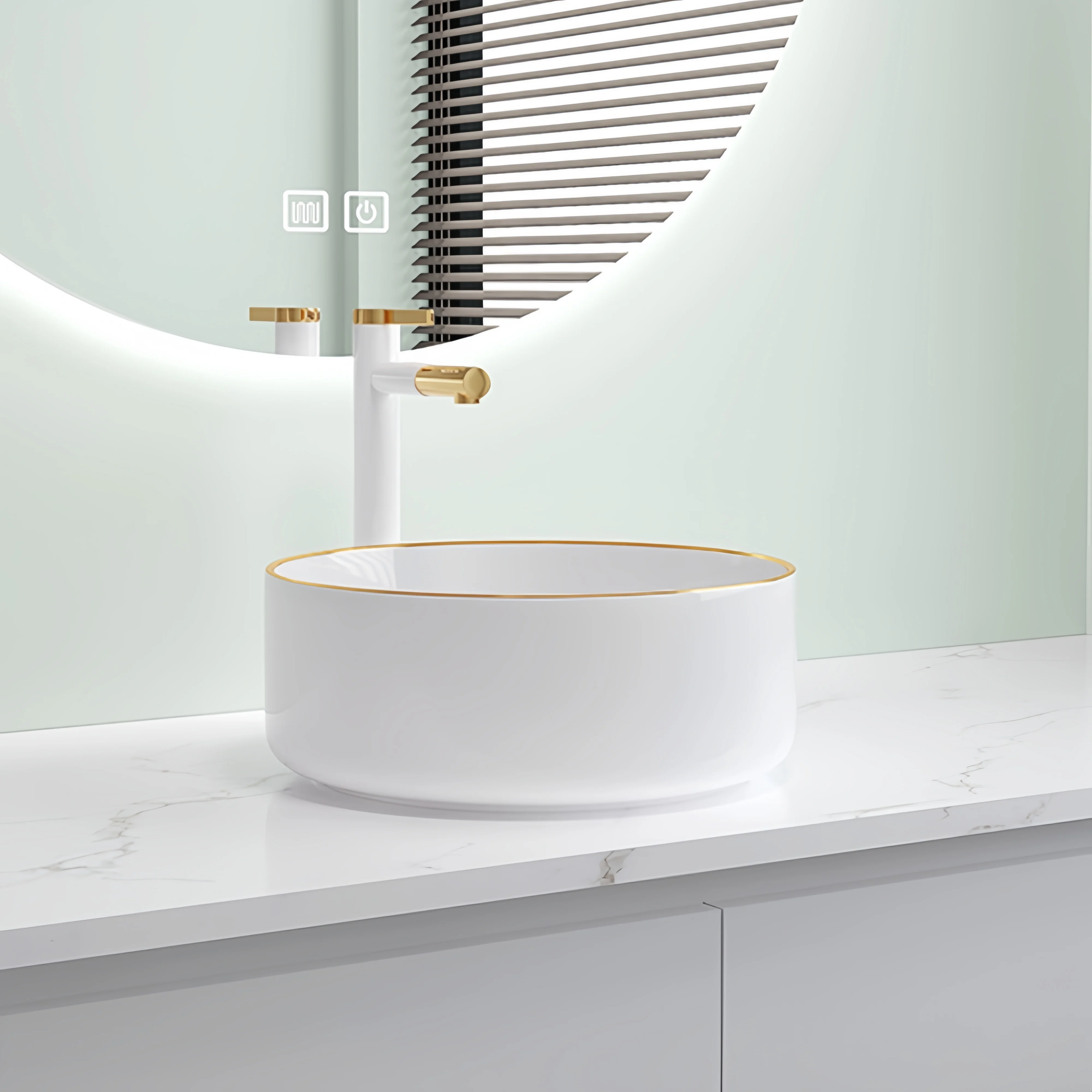Marble patterned modern circular ceramic bathroom sink, freestanding washbasin, luxurious gold edged washbasin(excluding faucet) 2