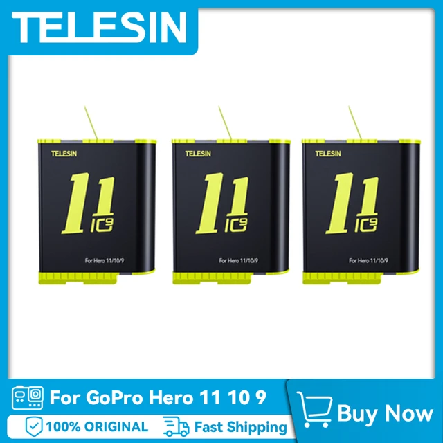 TELESIN-Batería Para GoPro Hero 12, 11, 10, 9, 1750 mAh, cargador rápido de  3 vías, caja de almacenamiento de tarjeta TF, accesorios para GoPro Hero