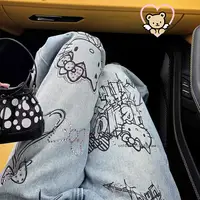 Sanrio Hello Kitty Wide Leg Pants Y2K Korean Version Streetwear Jeans Women Vintage Blue Loose Straight Trousers Cartoon Fashion 2