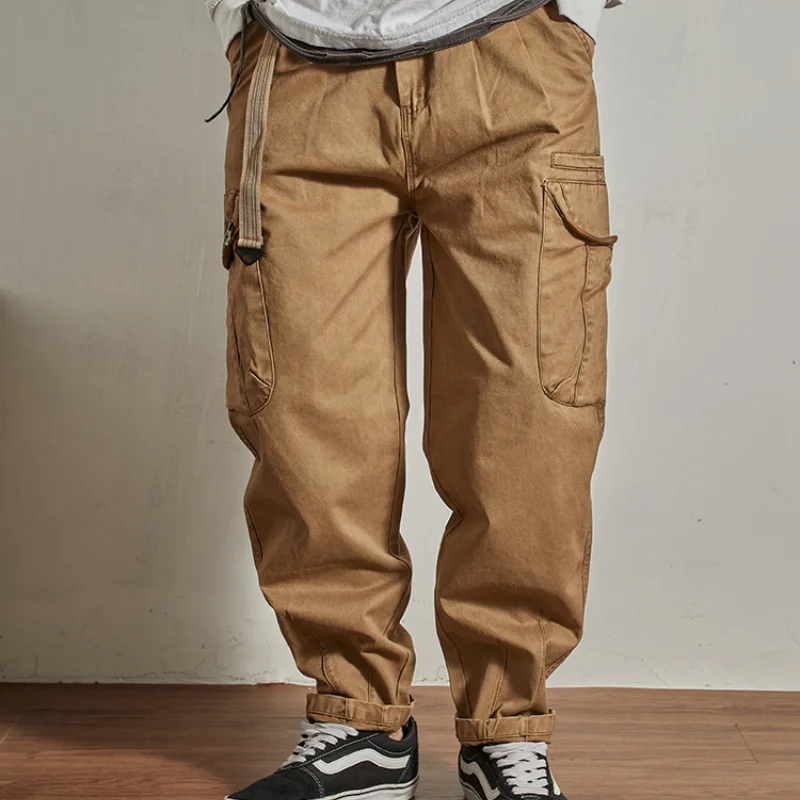 Casual Pants Heavy cotton conical cargo pants men's loose casual pants chunky trend American classic pocket woven