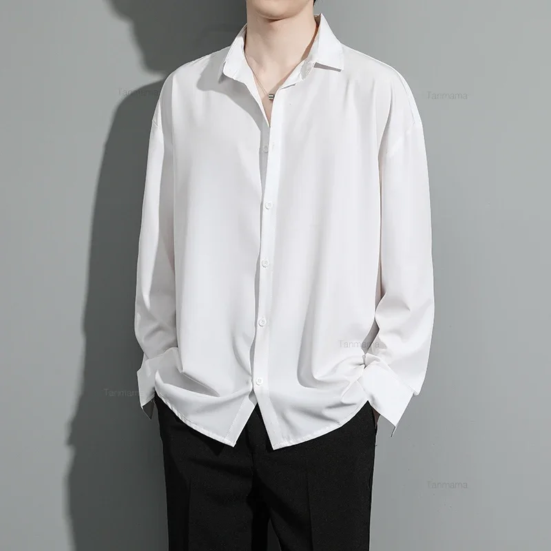 용수철 여름 남성용 루즈한 단색 긴팔 셔츠, 캐주얼 패션, 고탄성 드레이프, 다리미 셔츠, 화이트 블랙 카키 그레이