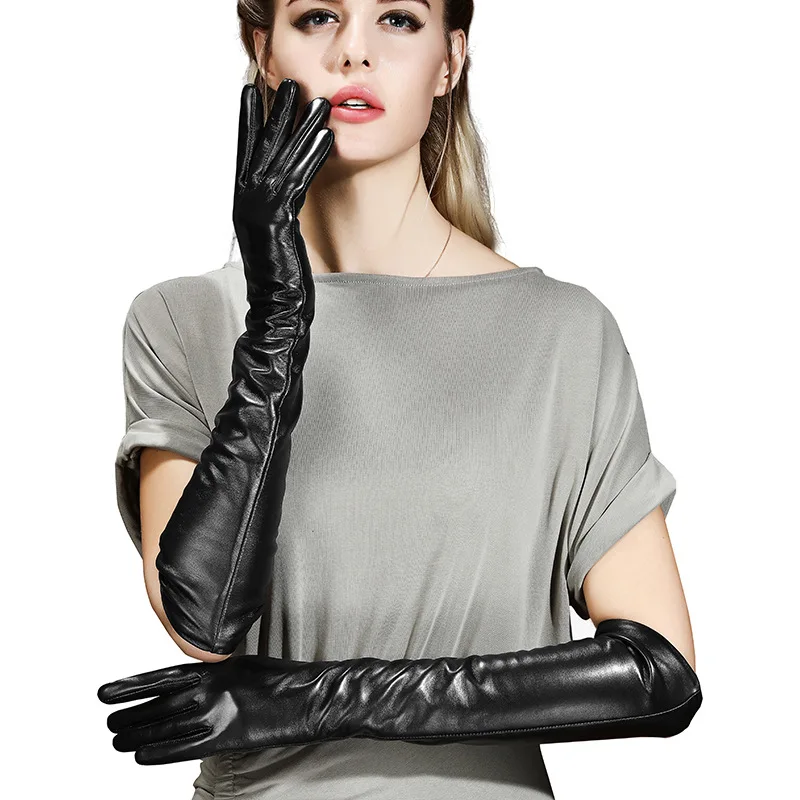 Sexy Black Punk Long PU Leather Gloves Woman\'s Winter Thin Full Finger Touch Screen Windproof Riding Driving Warm Mittens S33