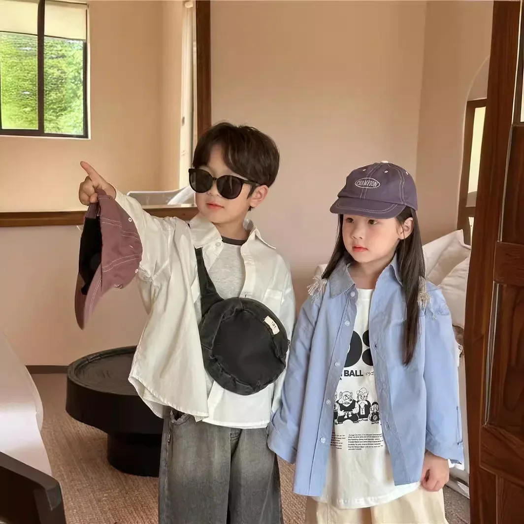 New Hot Sale Of The Season Autumn Squirrel Brand Children's Pure Color Collar Shirt Baby Washed Cotton Casual Shirt Boys Girls C