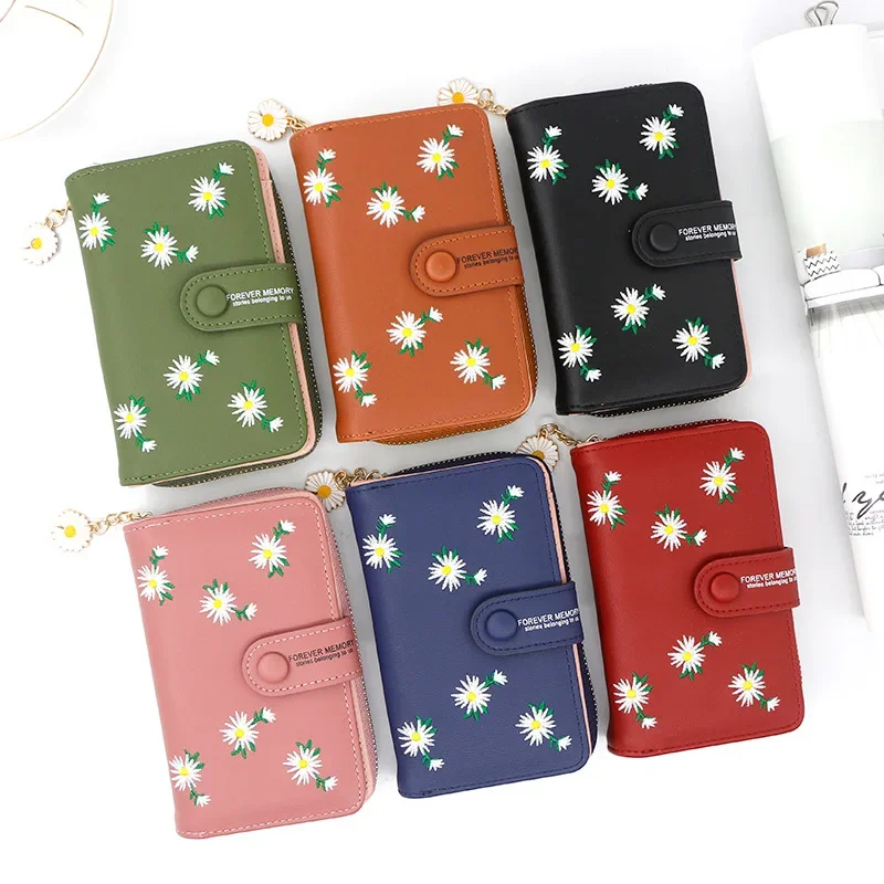 Women Long Wallets 2021 Fashion Design Embroidery Daisy Card Holder Large-Capacity PU Coin Purse Simple Zipper Money Bag Wallets 3