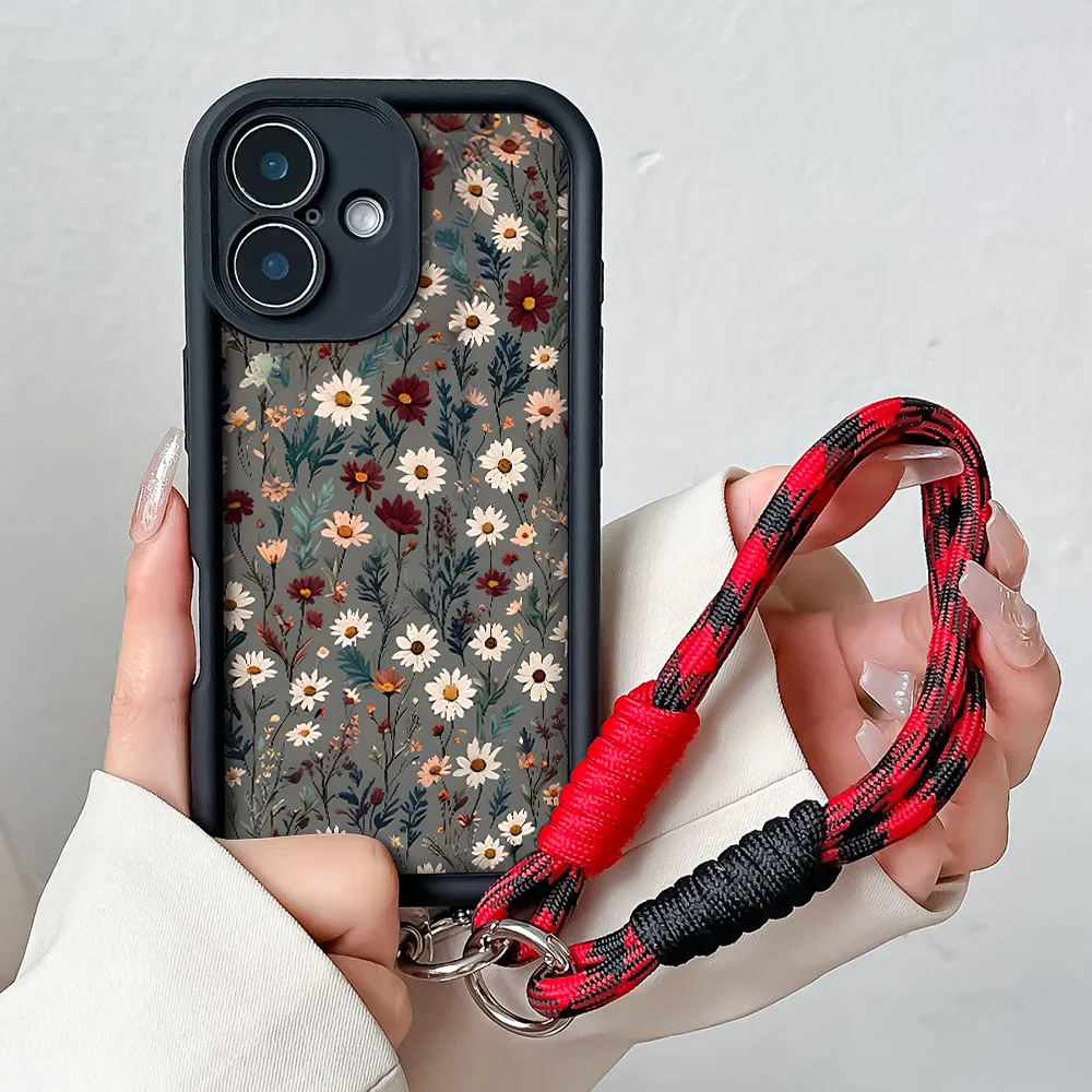 Elegant Daisy Flower Phone Case with Wrist Chain and Hand Strap