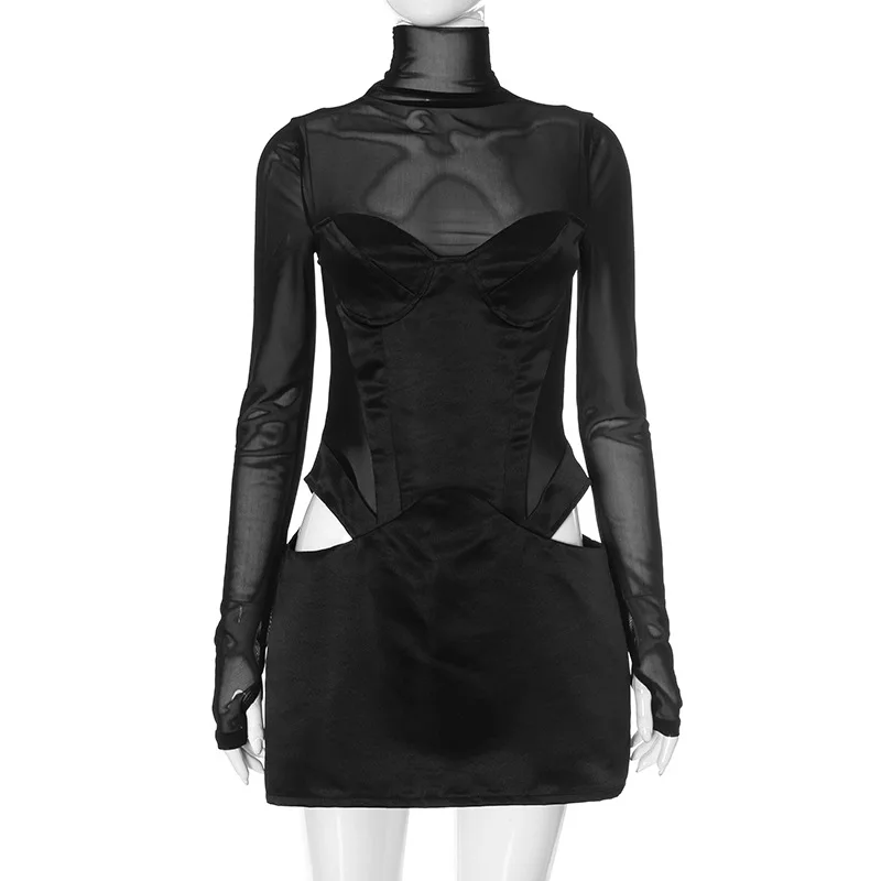 Sexy Mesh Hollow Out Turtleneck Corset Stain Black Short Dress for Women Long Sleeve Party Evening Mini Curvy Pink White Dresses 4