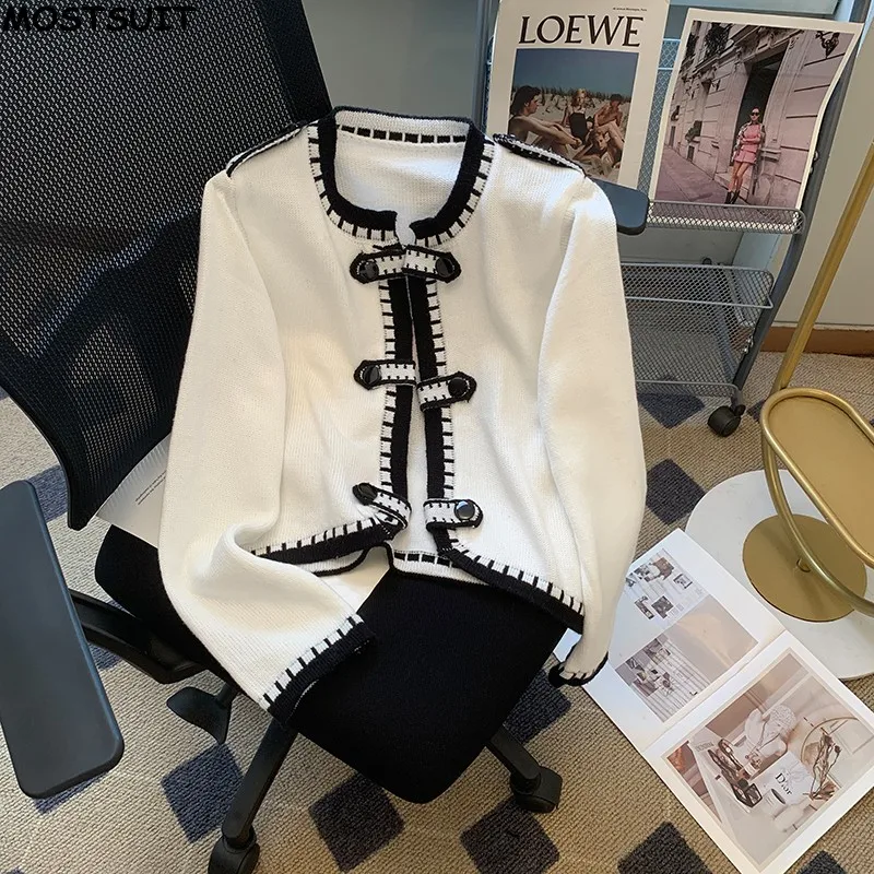 

Stylish Sweater For Women Knitted Cardigan Tops Fashion Chic Vintage Elegant Ladies Jumpers Long Sleeve O-neck Knitwear 2024