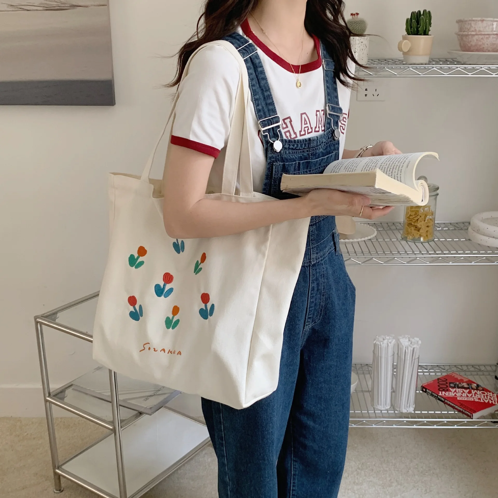 Colorblock Tulip Shoulder Canvas Bag Simple Small Fresh Student Class Tote Bag Tote Bag